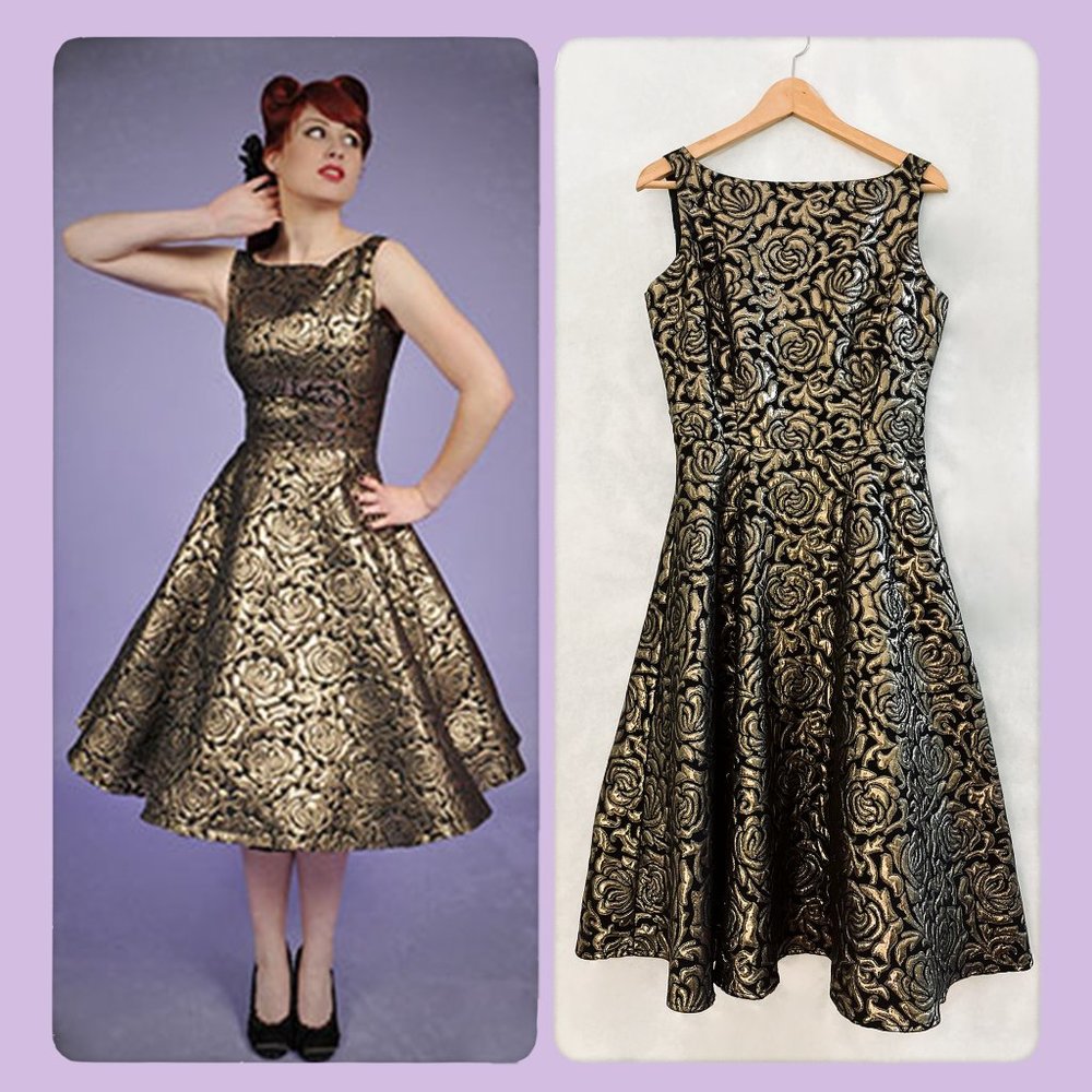 Bettie Page by Tatyana Black and Gold Brocade roses dress M vintage swing